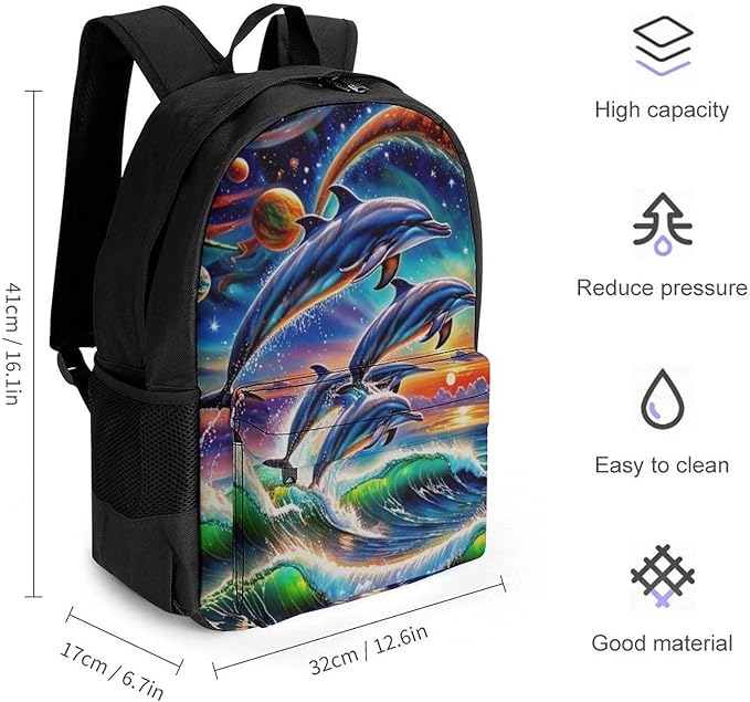 Men Women Lightweight Dolphin Mural Fantastic Universal Dolphins Daypack Bookbag Big Capacity Carry On Bag With Side Pockets for Camping Travel Bicycle