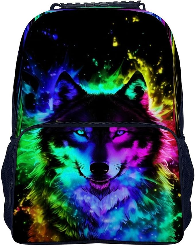 Polyester Daypack for Camping Travel Walking Cycling, Big Capacity Anti-Theft Multipurpose Bookbag, Wolf Colorful Fire Splashes Art Camping Outdoor Backpack