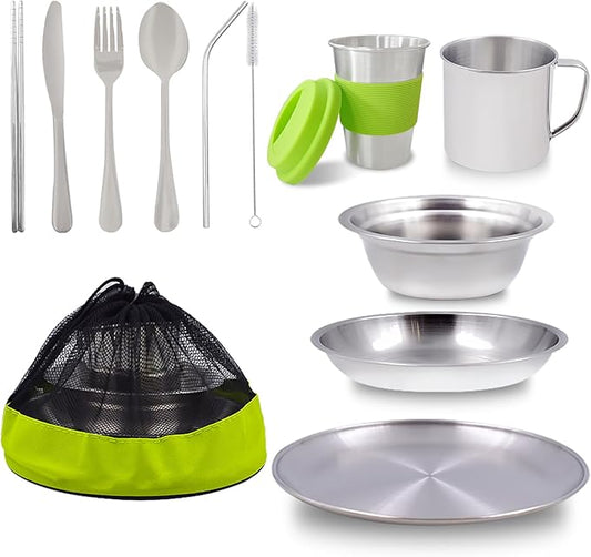 Acelane Camping Mess Kit Camping Plates Dishes Stainless Steel Camping Utensils Set Tableware Dinnerware with Bowls Cups Cutlery 1-2 Person for Backpacking, Hiking, Picnic, BBQ, RV Travel
