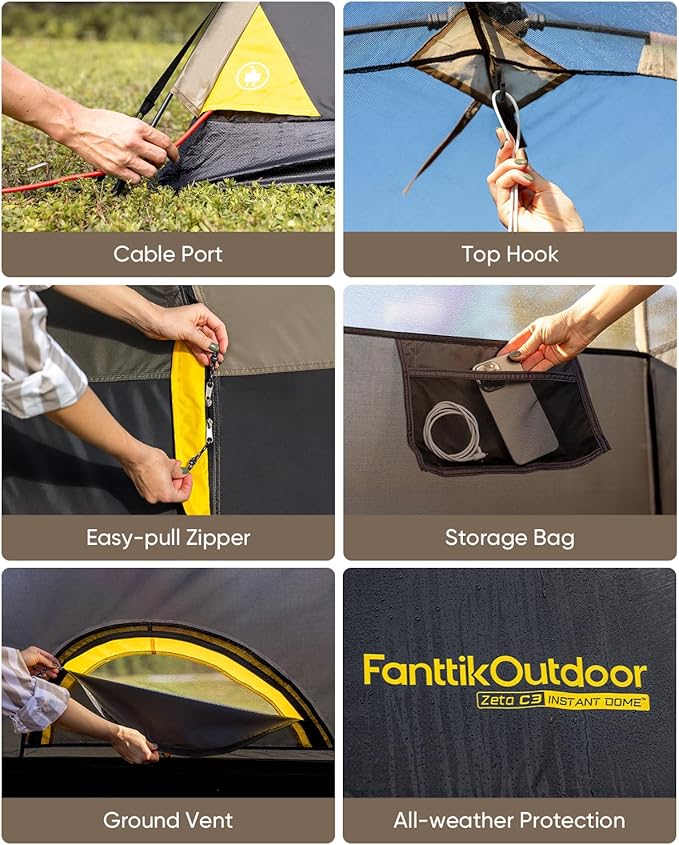 FanttikOutdoor Zeta C2/3/4 Camping Tent, 2/3/4 Person Instant Dome Tent, Easy Setup in 60s, Portable Waterproof Cabin Tent with Pre-Attached Poles & Air Vent, Ideal for Camping, Hiking, Backyard