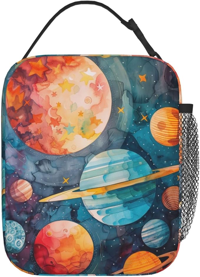 Colorful Galaxy Insulated Lunch Box for Women Men Cartoon Planet and Star Lunch Bag for Work,Picnic,Travel,Hiking,Beach or Fishing Polyester Astronomy Enthusiasts Lunch Box