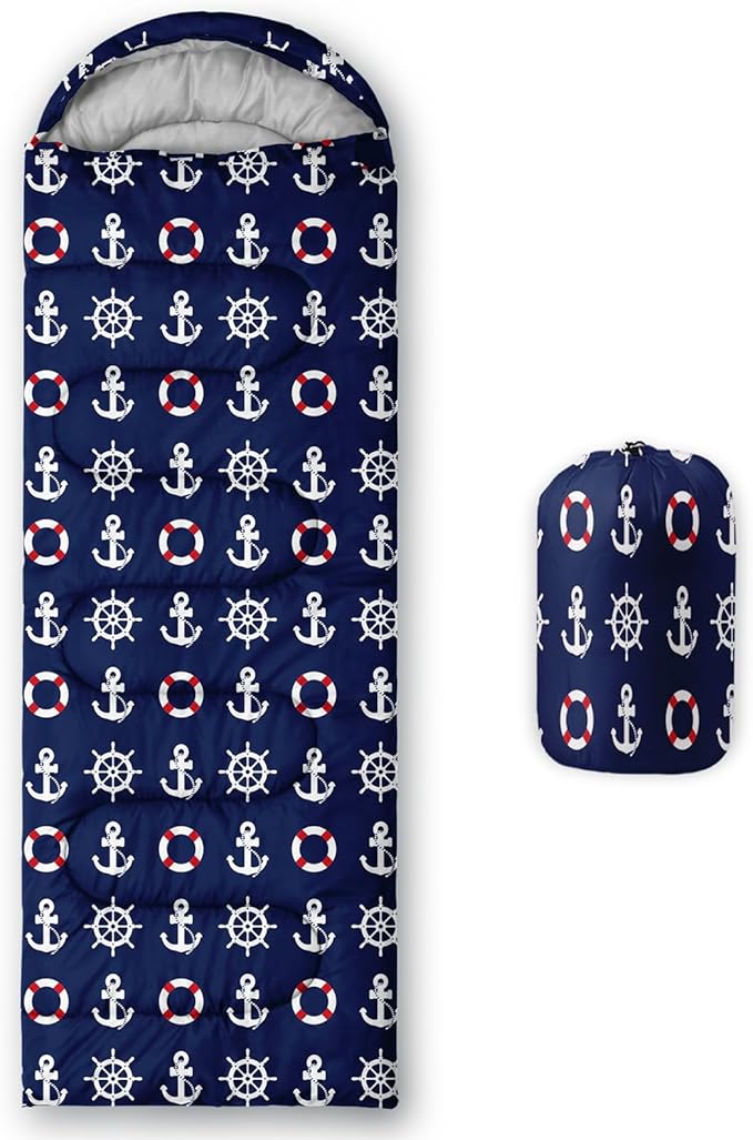 AILONEN Boys Sleeping Bag for Camping,Nautical Anchor,Lightweight & Waterproof,3 Season Warm & Cool Weather,Navy Blue Sleeping Bags for Kids Men Travelling,Outdoors