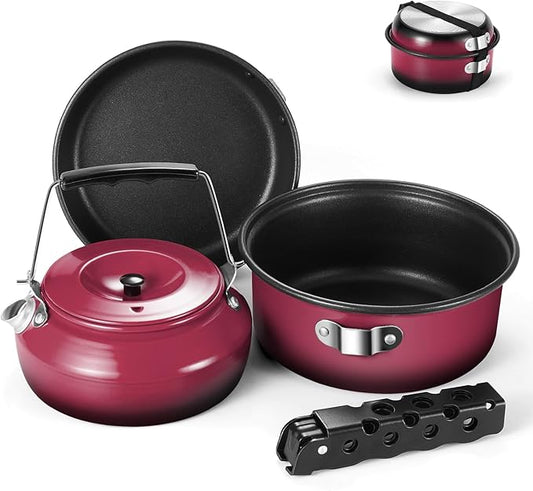Odoland 5pcs Camping Cookware Non-Stick Camping Pot and Pan Set with Kettle and Removable Handle for Hiking Backpacking and Picnic
