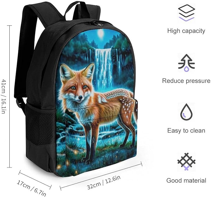 Women Men Polyester Magical Kitsune Fox Art Casual Daypack Large Capacity Bookbag With Side Pockets for Sports Picnic Walking Cycling