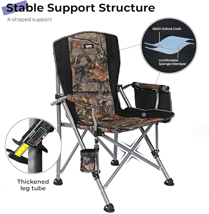 Camping Folding Chair, Heavy Duty Steel Frame Support 400 LBS with Side Pocket and Cup Holder, Portable for Camping, Fishing, Picnic,Camouflage
