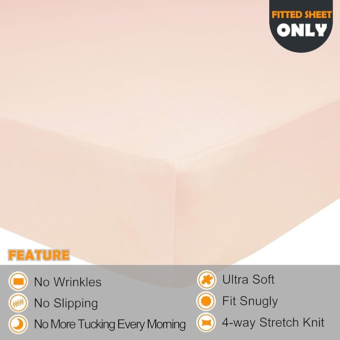 Queen Size Fitted Sheet Only - 4-Way Stretch Jersey Knit, Snug Fit, Wrinkle Free & Stay in Place, No More Slipping Off for Mattress, Soft & Comfortable - Blush Pink, Queen