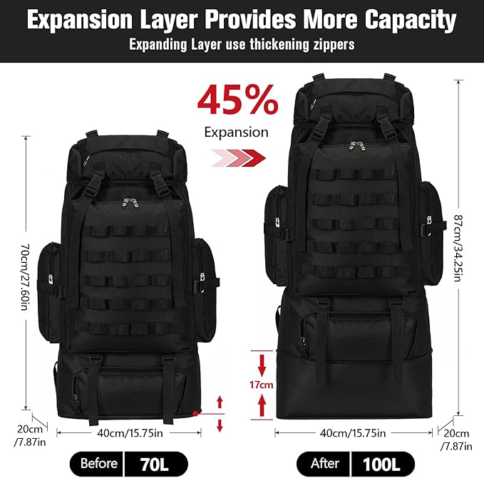 70L/100L Large Camping Hiking Backpack with Rain Cover, Waterproof Molle Rucksack Military Tactical Backpack, Lightweight Backpacking Daypack for Trekking Climbing Outdoor