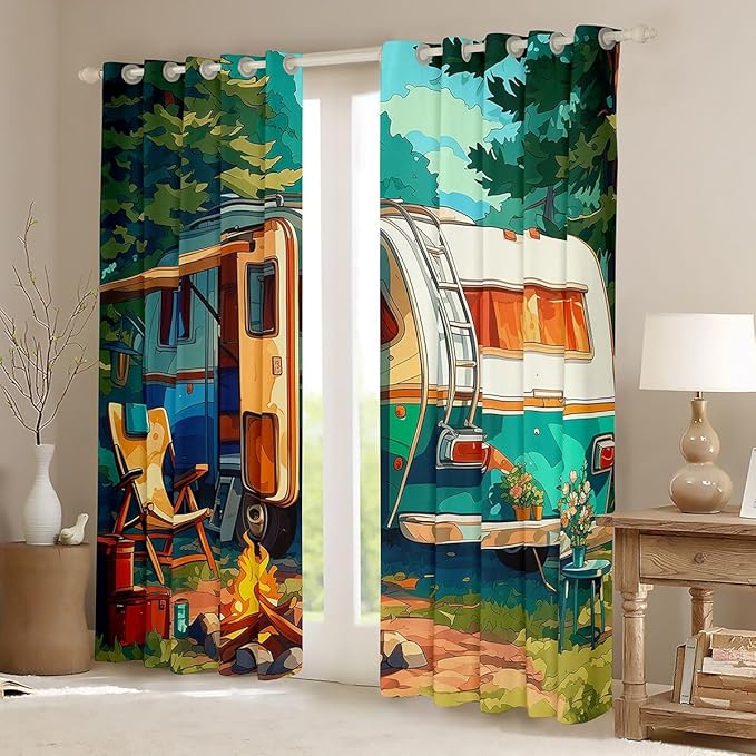 Camper RV Trailer Nursery Bedroom Playroom Decor,Tent Bonfire Campfire Pine Tree Nature Window Drapes,Rustic Farmhouse Cabin Boys Girls Room Decor,Watercolor 2 Panels,52Wx96L inch
