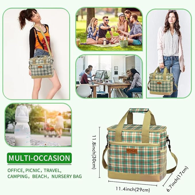 Iknoe Large Cooler Bag Collapsible 24 Can Insulated Bags Leakproof Lunch Cooler Tote with Multi-Pockets for Adult Insulated Thermal Bag for Beach, Picnic, Office Work(Khaki Lattice)