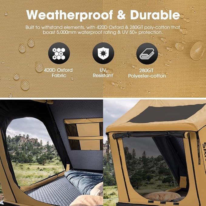 Sanhima Rooftop Tent Hard Shell - Hotham Lite Overland Aluminium Roof Top Tent 4.56" Slimline, w/Tri-Color LED Strip Light & 1.97” Thick Mattress, for Car SUV Truck Camping, 2-3 People