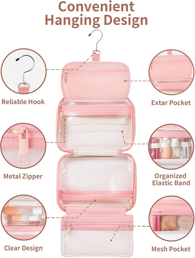 Toiletry Bag for Women & Men, Portable Hanging Makeup Bag/Cosmetic Bag with Compartments, Compact Travel Toiletry Bag Organizers (Pink)