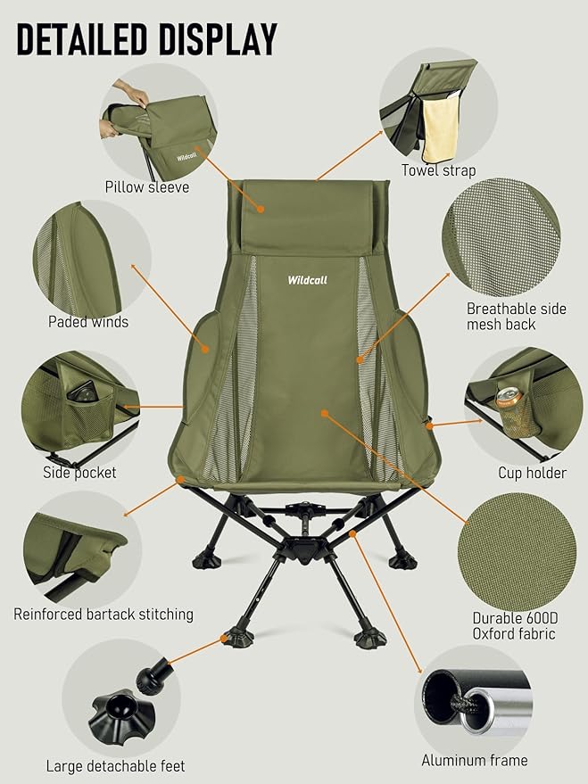 WildCall Lightweight Folding High Back Camping Chair with Head Support, Compact Beach Chair with Anti-Sinking Large Feet and Three Tilt Angles Adjustment