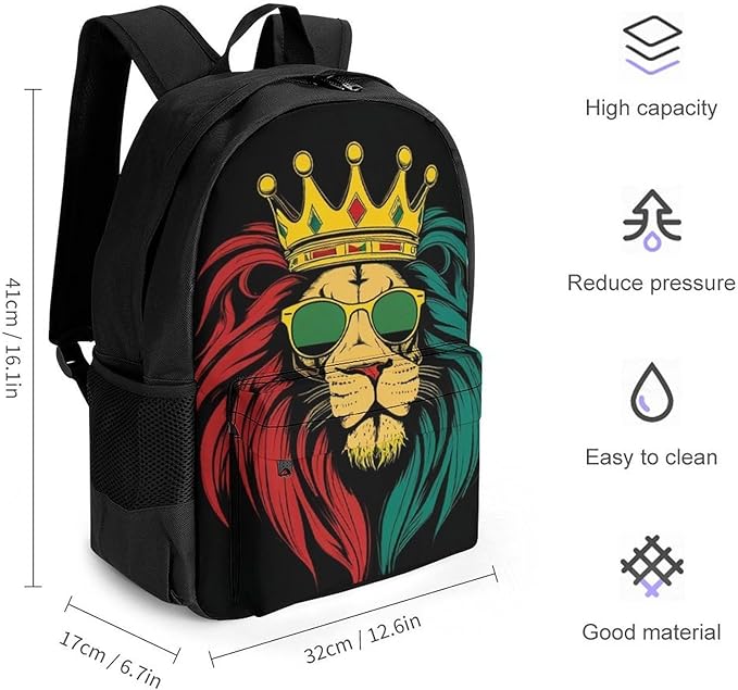 Supdreamc Daypack Bookbag Anti-Theft Multipurpose Large Capacity Bookbag, Reggae King Rasta Flag Lion Black Travel Hiking Camping Rucksack With Adjustable Shoulder Straps