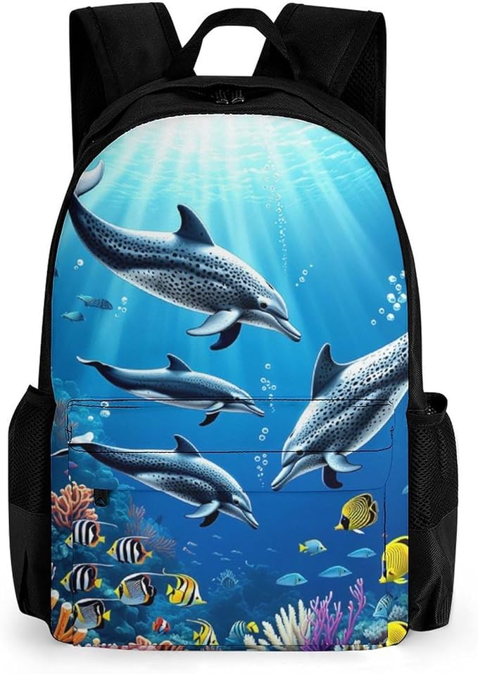 Supdreamc Rucksacks Polyester Anti-Theft Multipurpose Colorful Sea Ocean World Dolphin Tropical Fishes Coral Art Carry On Bag Large Capacity Gym Outdoor Hiking Backpack With Smooth Zippers