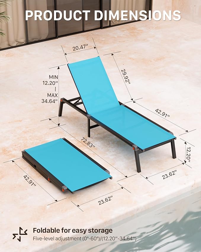 Aluminum Patio Chaise Lounge Chair Set of 2 with Side Table,5-Position Adjustable Backrest,Foldable Lounge Chair Outdoor,Pool Lounge Chairs for Poolside,Lawn,Deck,Beach (Blue, 2 Pack+Table)