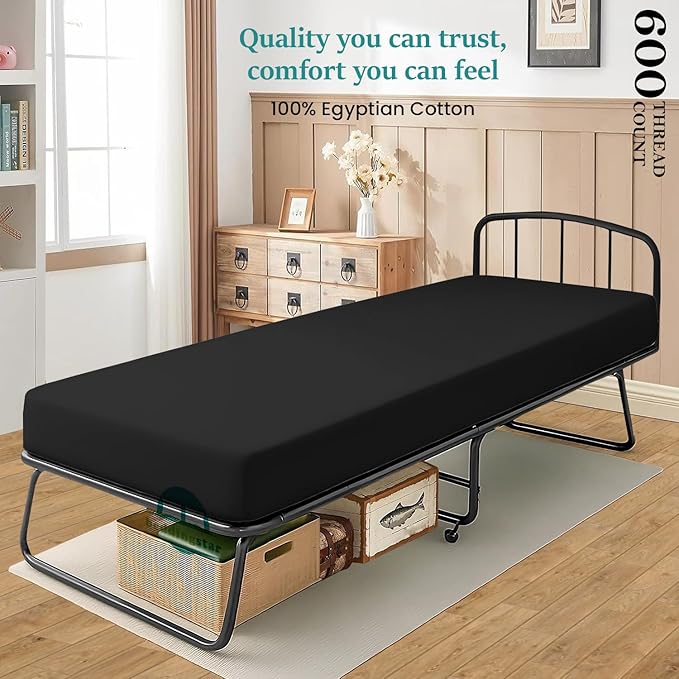 Twin Fitted Sheet 39 x 75 Inches 6" Deep Pocket 100% Egyptian Cotton 600 Thread Count Snug Fit for Trifold Mattress, Narrow Twin, Camp Bunk, Guest Bed, Army Cot Soft & Breathable – Black