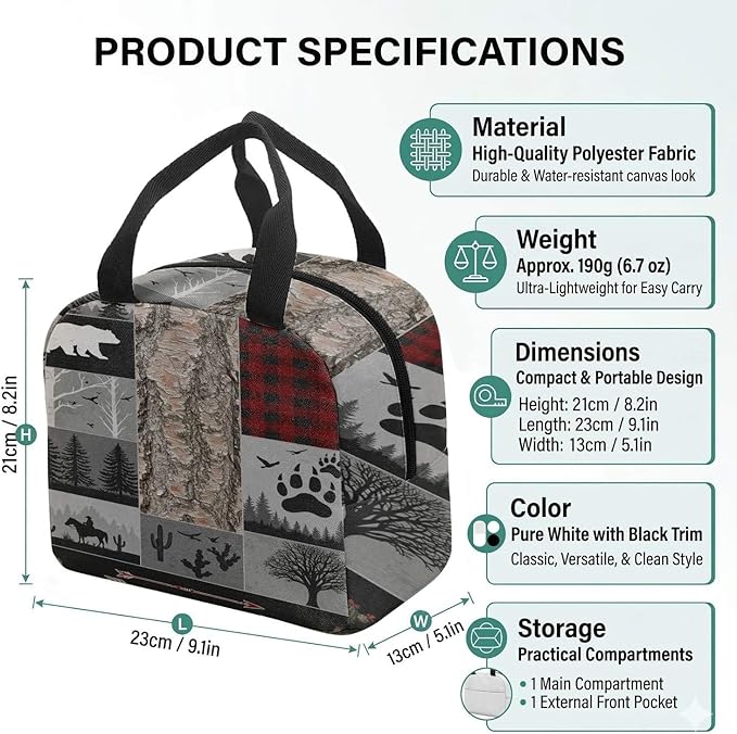Western Retro Denim Insulated Lunch Bag Bear Deer Bird Nature Landscape Cactus Thermal Tote Portable Size (02)