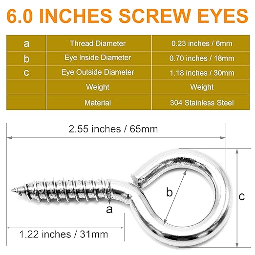M6 20 Pcs 304 Stainless Steel Screws Eye,2.56 Inch Screw Self Tapping Eye,Load Bearing 200LB, Duty Eye Bolt for Wood Securing Cables Wire,Indoor & Outdoor Use (20, M6 2.56 Inch)