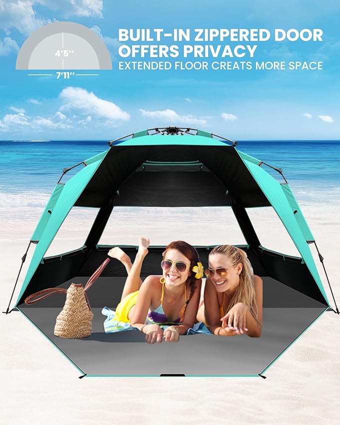 OutdoorMaster Beach Tent with Blackout Shelter Technology, Portable Sun Shade Shelter 4 Person, Pop Up Beach Tents with UPF 50+ UV Protection, 9.5mm Thick Pole, 3 Ventilating Mesh Windows -Green
