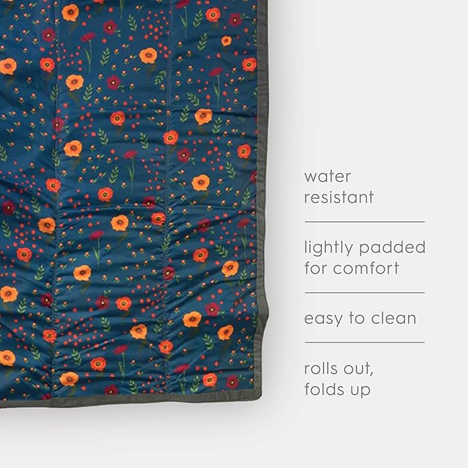 Little Unicorn 5'x5' Outdoor Family Picnic & Beach Blanket | Durable & Water-Resistant Fabric | Compact Fold & Easily Wipes Clean | Zipper Pocket (Midnight Poppy)