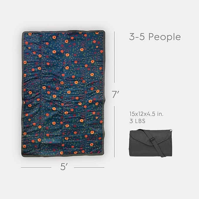 Little Unicorn 5'x7' Outdoor Family Picnic & Beach Blanket | Durable & Water-Resistant Fabric | Compact Fold & Easily Wipes Clean | Zipper Pocket (Midnight Poppy)