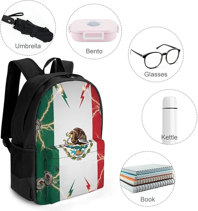 Polyester Daypack Backpack for Trekking Picnic Walking Cycling, Large Capacity Anti-Theft Multipurpose Shoulder Bag, Cool Lightning Eagle Mexico Flag Art Casual Daypack