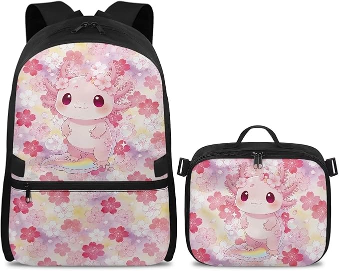 HUGS IDEA Cute Axolotl Kids Backpack with Matching Lunch Box for Girls Cute Backpack for School Girls School Bag Set for Elementary Students Kids Casual Camping Hiking Daypack