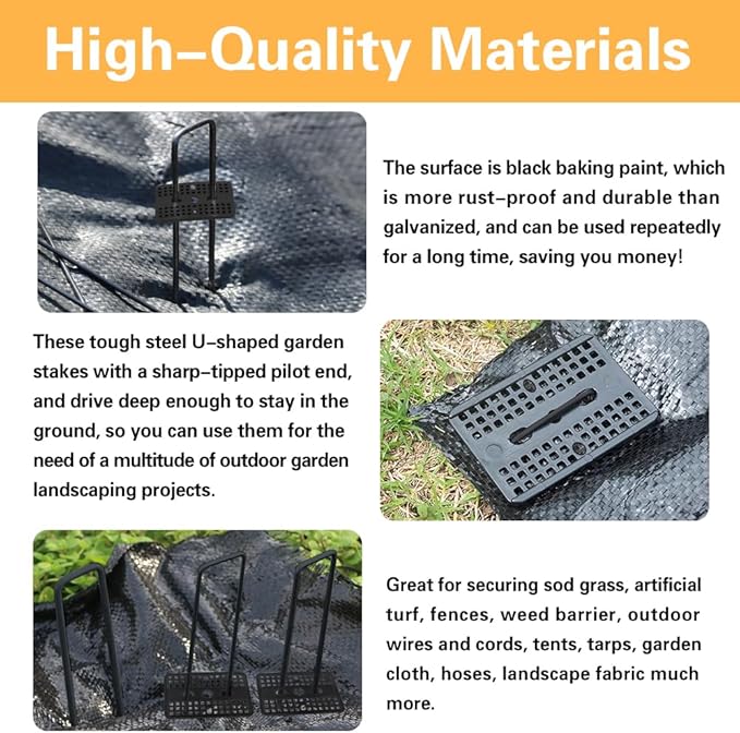 Bakulyor 50 Pcs Black Landscape Staples + 50 Pcs Buffer Washer, 6 Inch 11 Gauge Garden Stakes Anchor, U Shaped Galvanized Lawn Pins Heavy Duty Yard Ground Pin for Weed Barrier Sod Fabric Decorations