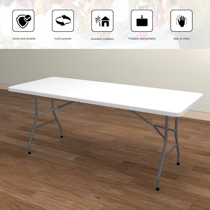 2 PCS 70.8" W X 29" D X 29" H - 6 ft White Folding Table White Portable Heavy Duty Plastic Fold-in-Half Utility Foldable Table for Camp，Picnic & Party