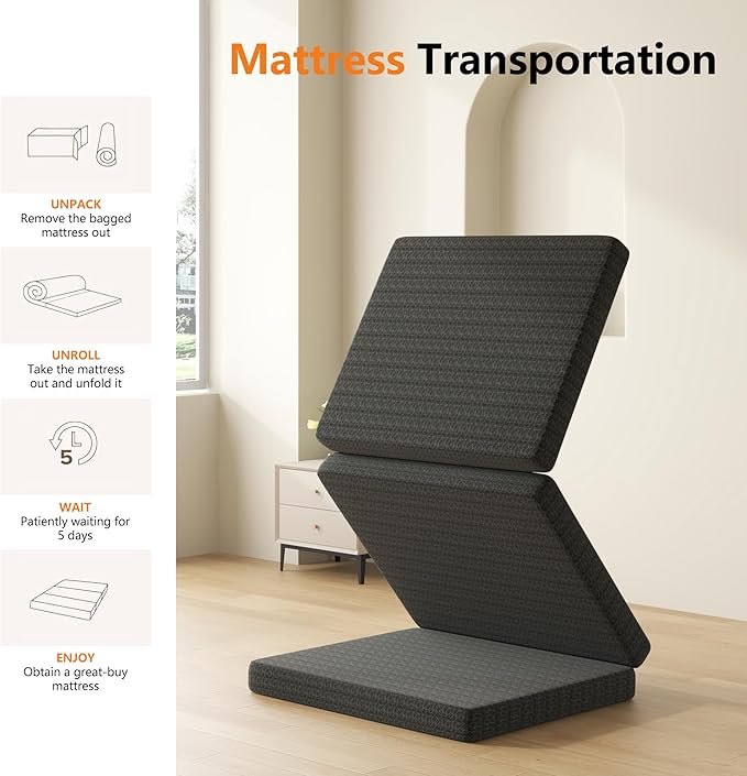 6 Inch Gel Memory Foam Mattress Twin Size, Portable Tri-Folding Mattress with Washable Cover, for Guest Bed, Camping, Travel, Dormitory, Black