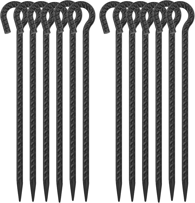 16 Inch Rebar Ground Stakes with Loop 1/2 inch Diameter Steel Tent Stakes (12 pcs), Heavy Duty Tree Stakes and Supports, Dog Tie Out Stakes, Metal Spikes for Outdoor Camping and Yard, Black
