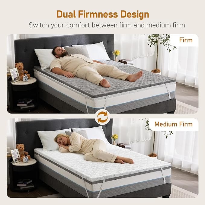 Firm Mattress Topper Twin 3-Inch: Dual Firmness Medium Firm & Firm for Back Pain Relief, Gel Infused Cooling Memory Foam, Washable Anti-Slip Zipper Cover, CertiPUR-US & Oeko-TEX Certified, 75x38x3