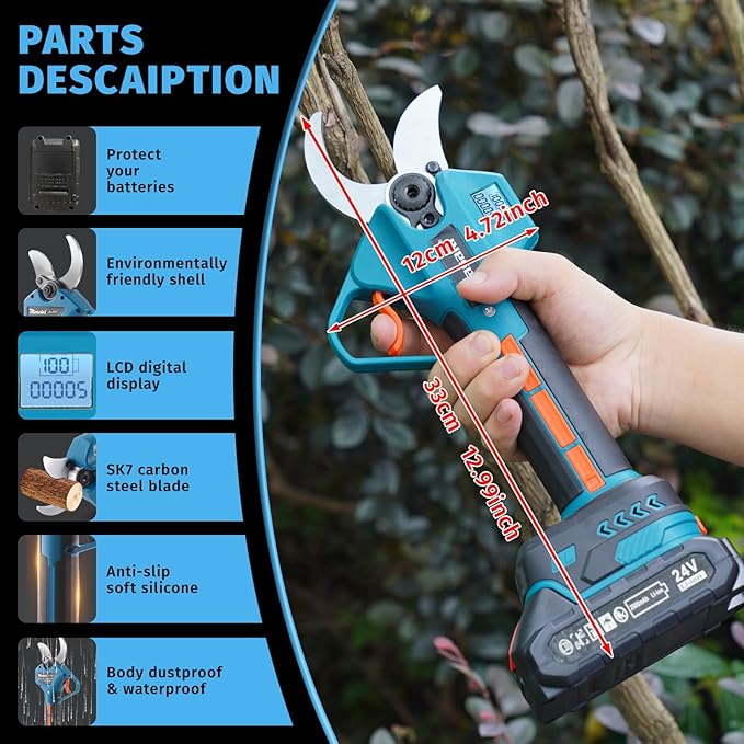 Electric Pruning Shears for Gardening,Battery Powered Pruning Shears with 2 X 2AH Lithium Battery, 2 Blade,3 wrench Cordless Pruning Shears for Gardening Tree Pruning (1.6 Inch(40MM) Cutting Diameter)