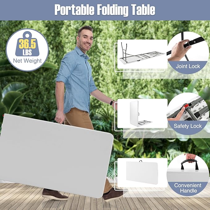 Folding Table, HDPE Portable Table with 8 ft Long Tabletop, Metal Frame Picnic Camping Table with Safe Lock, Collapsible Dining Table for Camping, Picnic, Party (White, 8 FT)
