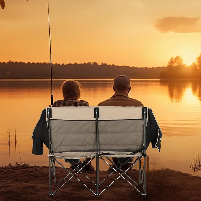 CDEN Heated Camping Chair with Battery, Padded Chair, Oversized Camping Loveseat, Double Camping Chairs, with Cup Holder, Cooler Bag, Wine Holder, Dual Power Banks Included(Black & Gray)