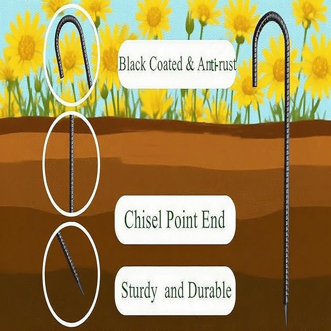 RM1009 12 inch J Shaped 10-Pack Fence Stakes Heavy Duty Rebar Ground Stakes Anchor Tent Metal Stakes for Outdoor Canopy Decorations Inflatables (J-Shape-Black, J-12 * 1/4"-10PACK)