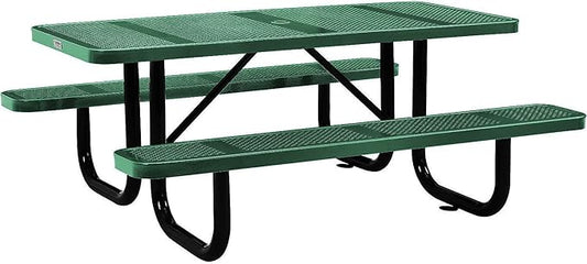 Global Industrial 72" Rectangular Picnic Table, Perforated Metal, Thermoplastic Coating, Attached Benches, 1-1/2” Umbrella Pole Hole, Outdoor-Rated, 1000 lbs Capacity, Green