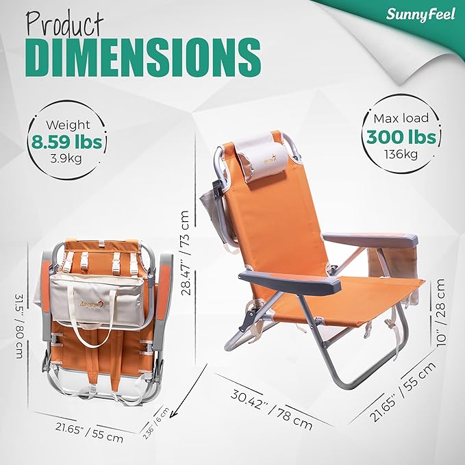 SUNNYFEEL Low Beach Chair 5 Position Lay Flat, Portable Folding Backpack Beach Chairs Heavy Duty with Cooler Bag, Cup Holder for Outdoor/Lawn/Trip/Picnic/Fishing, Foldable Camping Chair