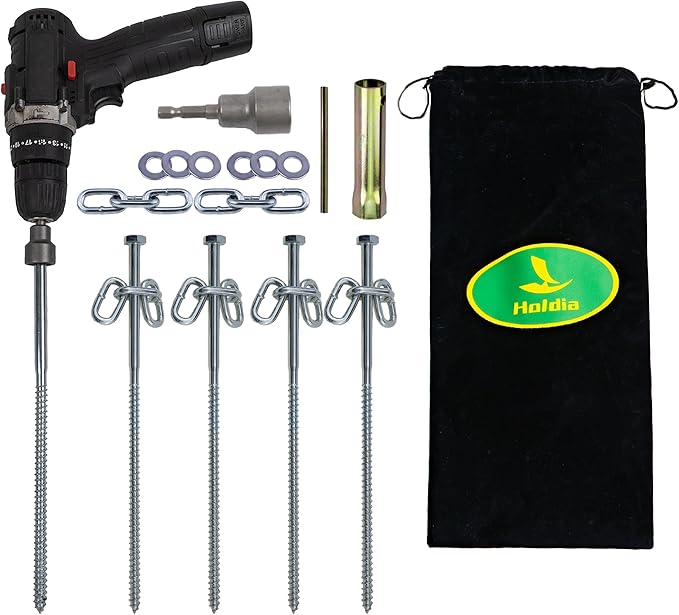 12 Pcs Screws 3/8 x 12 Tent Stakes Festival Kit with Chain Links and Washers | Hex Pegs | Heavy Duty Metal Tent Anchors & Camping Spikes with 17MM Hex Drill Adapter