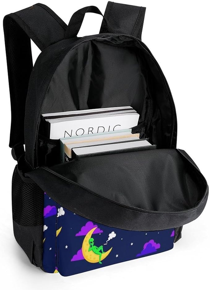 Lightweight Daypack Bookbag for Trekking Business Walking Cycling, Big Capacity Anti-Theft Multipurpose Carry On Bag, Funny Alien Moon Business Computer Bag