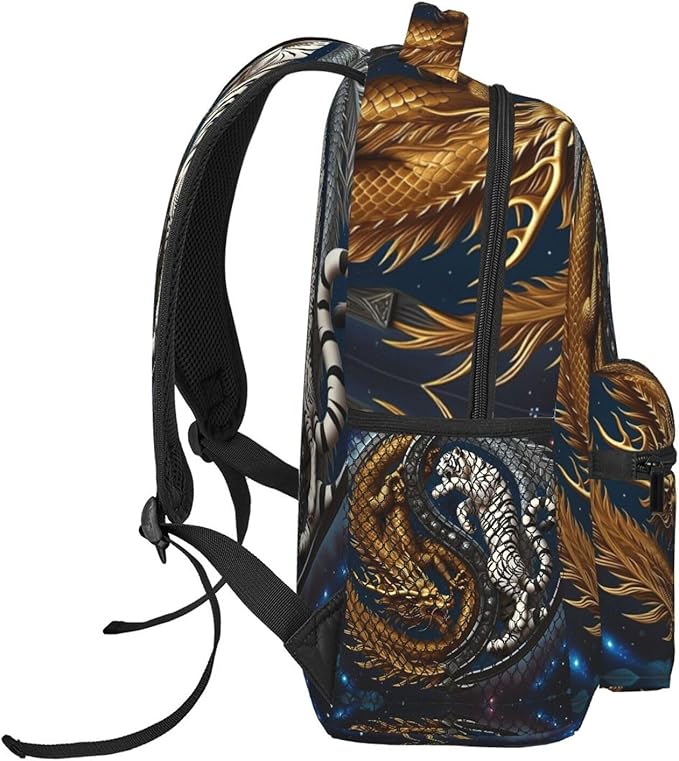 Men Women Lightweight Yin Yang Gold Dragon White Tiger Art Casual Daypack Large Capacity Bookbag With Adjustable Shoulder Straps for Gym Business Bicycle