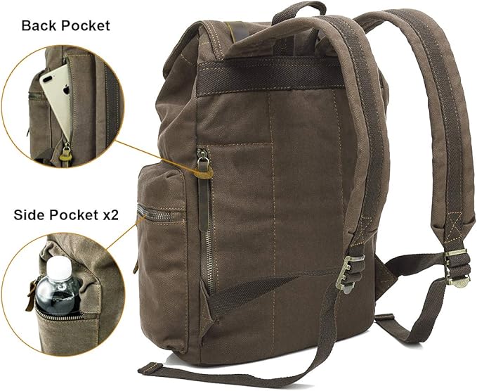 HuaChen Vintage Canvas Travel Backpack with Leather Trim, Laptop Padded Sleeve, Hidden Back Security Pocket, Fits 15-Inch, M32 Khaki Large