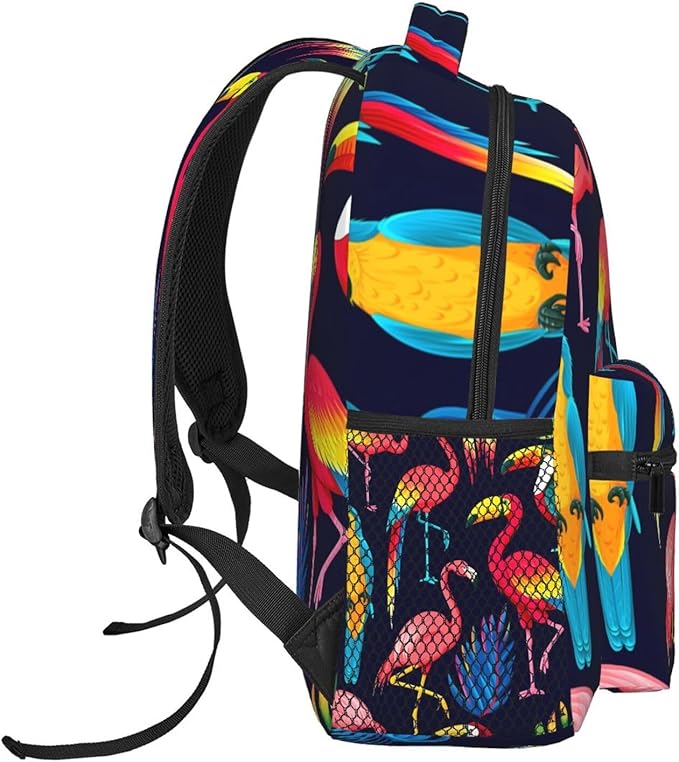 Polyester Daypack Backpack for Climbing Outdoors Running, Big Capacity Multipurpose Anti-Theft Bookbag, Exotic Birds Parrot Flamingo Art Travel Hiking Camping Rucksack