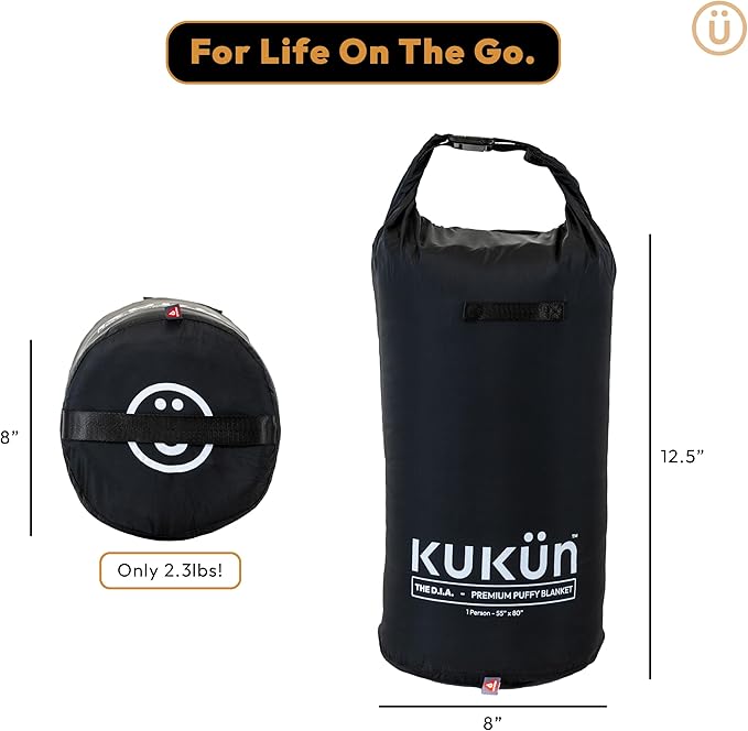 Versatile Packable Outdoor Camping Blanket, Puffy Blanket, Primaloft® Insulation, Warm, Durable, Lightweight, Waterproof, Oversize, Beach, Stadium, and More! 55"x80" (Black Beauty)