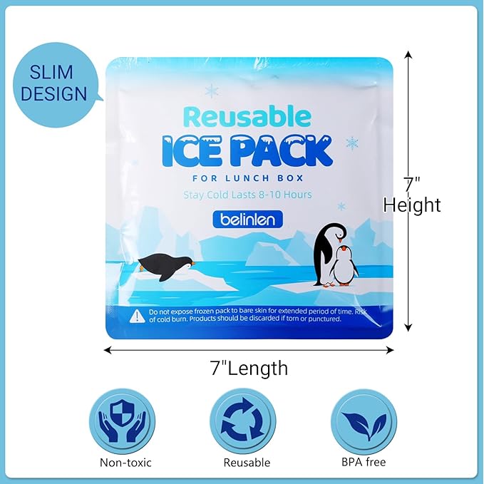 Reusable Ice Packs for Lunch Boxes - 7x7 Inch Long-Lasting Freezer Packs, BPA-Free Gel & Leakproof Design Cold Packs for Cooler, Camping, Travel