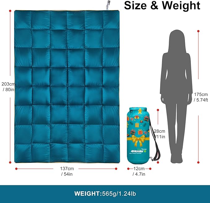 4Monster Down Camping Blanket - Outdoor Travel Quilt Puffy 650 Fill, Packable, Lightweight,Wind & Waterproof | Ideal for Stadium, Backpacking,Picnics, Beach and Hiking