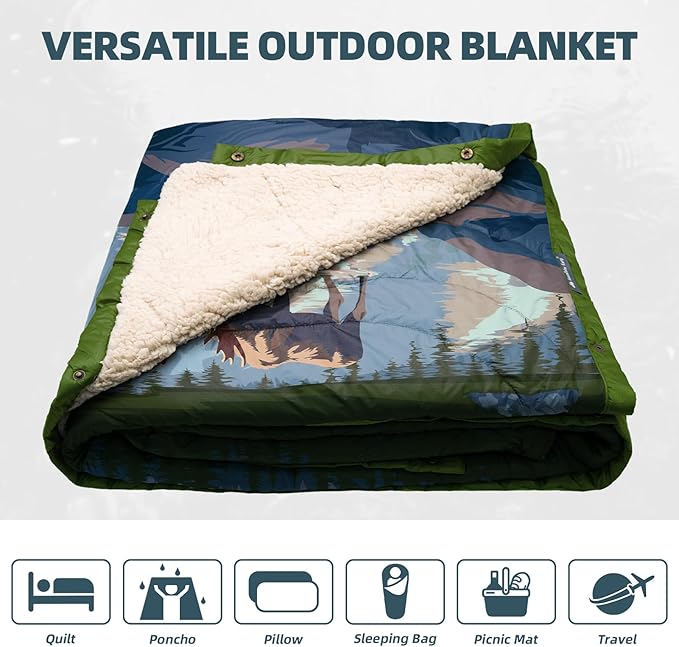 Outdoor Camping Blanket with Sherpa Lining, Extra Warm Thick Camp Blankets and Puffy Ultralight Soft Poncho DWR Camping Quilt for Cold Weather, Adventure, Sleeping, Backpacking 78"x 56"