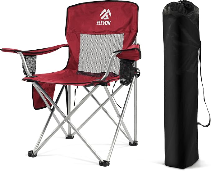 Elevon Folding Camping Chairs, Portable Outdoor Beach Chair for Adults with Carry Bag & Cup Holder, Foldable Lawn Chair with Mesh Backrest for Camp Fishing Hiking Travel Picnic Sports,