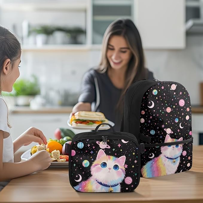 HUGS IDEA Cosmic Cat Backpack for School Girls 3th Grade School Bag for Kids 17 Inch Students Bookbag Lightweight School Bookbag for Girls with Lunch Bag Large Kids Travel Daypack