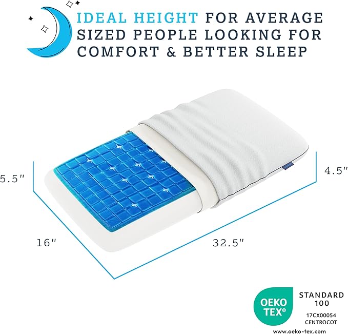 Technogel Deluxe Cooling Gel Pillow - Patented Cooling Technology, Odorless Memory Foam – Breatable Ergonomic Support for Side & Back Sleepers with Washable Cover, 5.5" (King Thick)